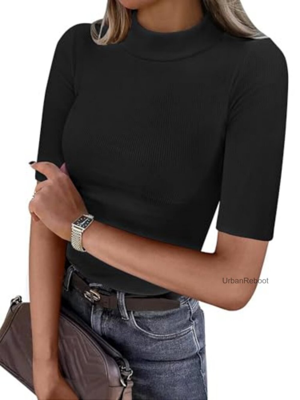 Women's Ribbed Knit Mock Neck Half Sleeve Slim Fit T-Shirt